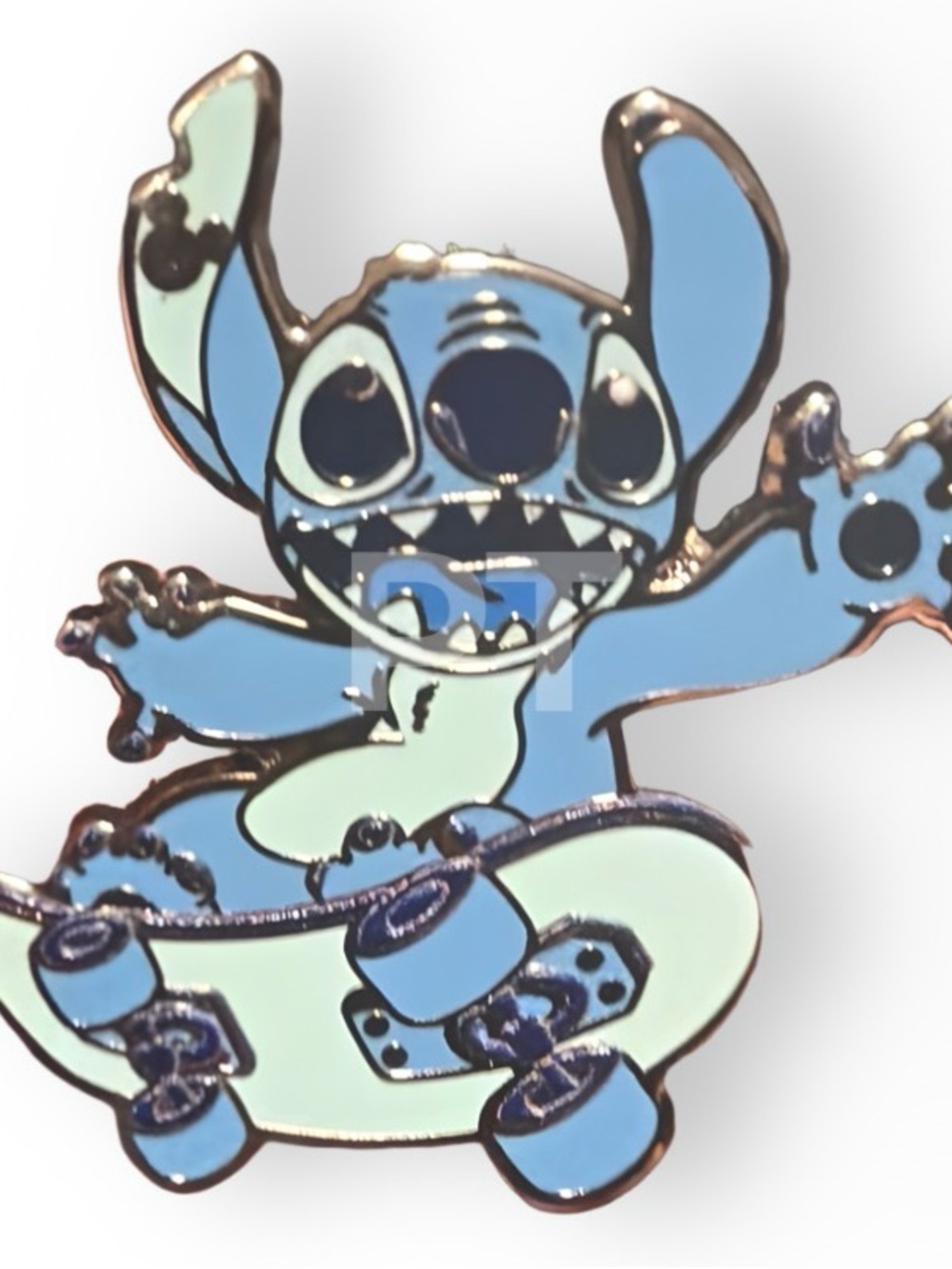 Disney Stitch Skateboarding Enamel Pin in Light Blue and Mint